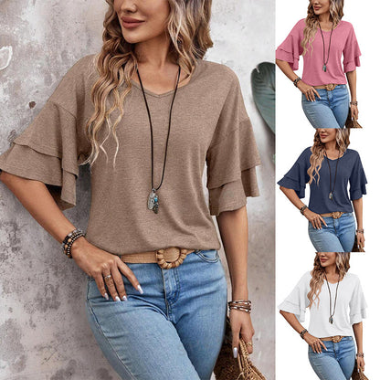 Loose V-neck Ruffle Sleeve Tops Women's Clothing