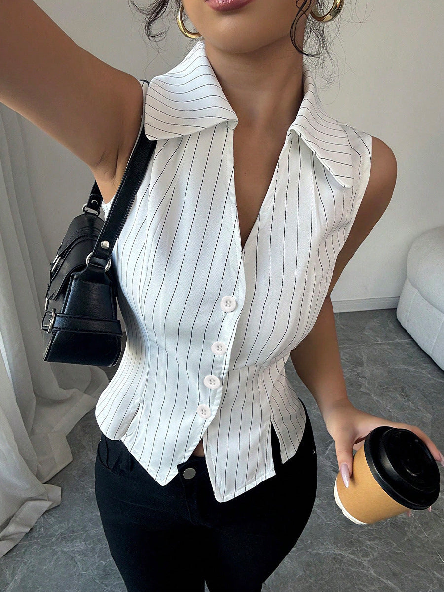 European and American Striped Sleeveless Shirt