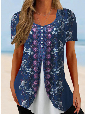 Ladie's Round Neck Two Pieces Short Sleeve Shawl Tops