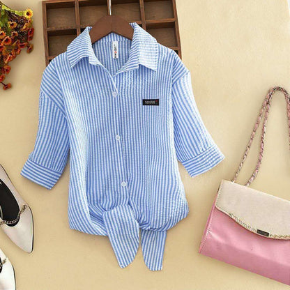 Elegant Striped Thin Shirt Women's Bow Outer Tops
