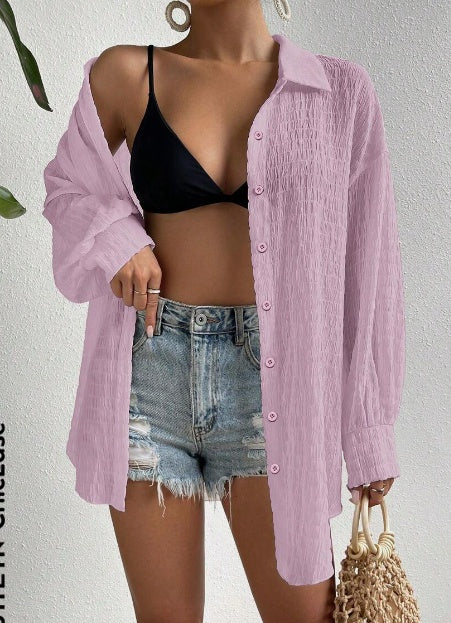 Women's Drop Shoulder Button Front, Long Sleeve Tops