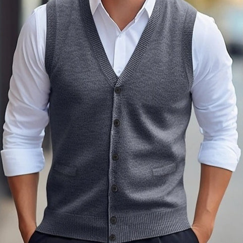 Sleeveless Wool Knit Cardigan Men's Vest