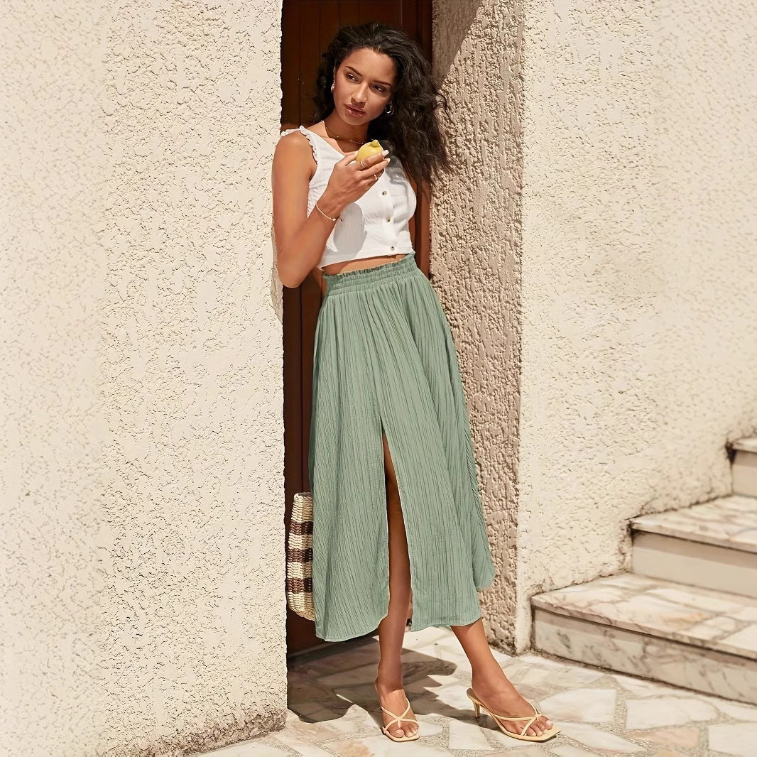 Split High Waist Elastic Waist Long Skirt
