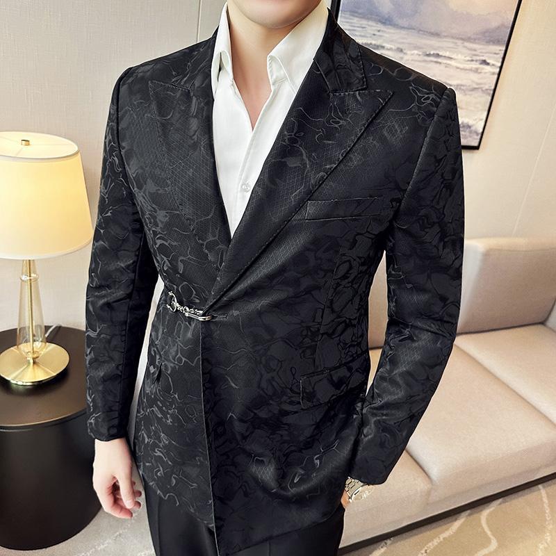 Men's Hook Placket Closure Collar Leather Texture Suit