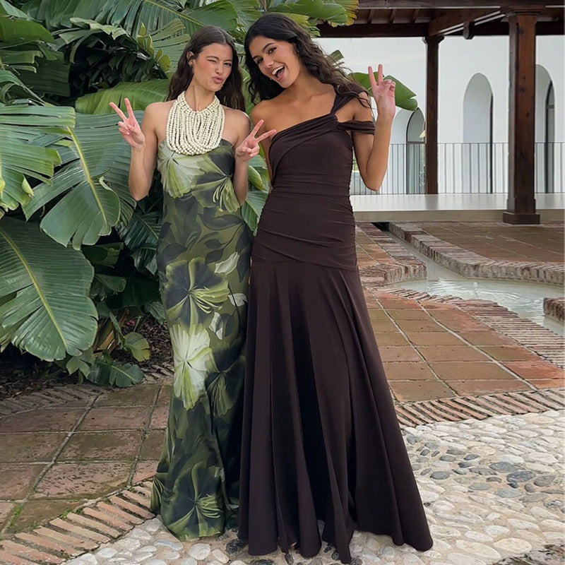 Cold-shoulder Bodycon Pleated Long Dress