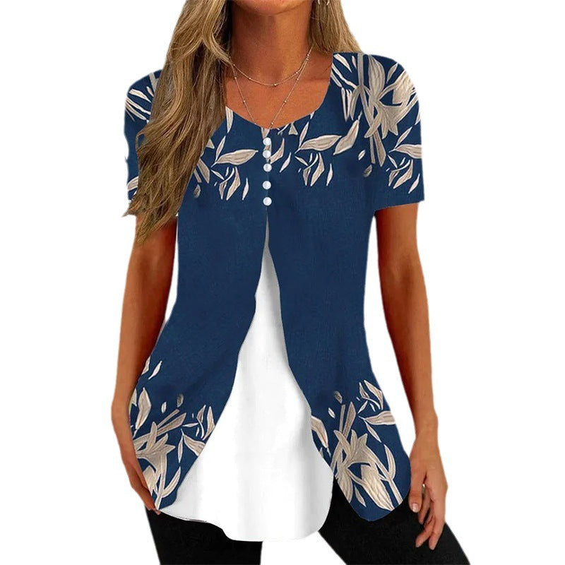 Ladie's Round Neck Two Pieces Short Sleeve Shawl Tops