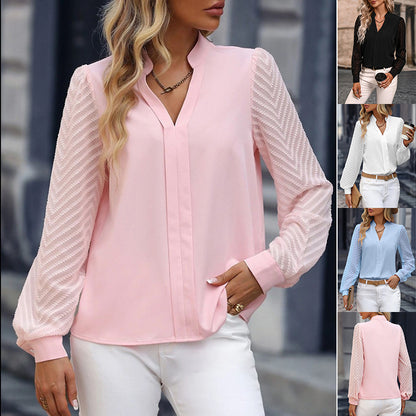 Women's V-neck Long-sleeved Chiffon Shirt Lace Stitching Top