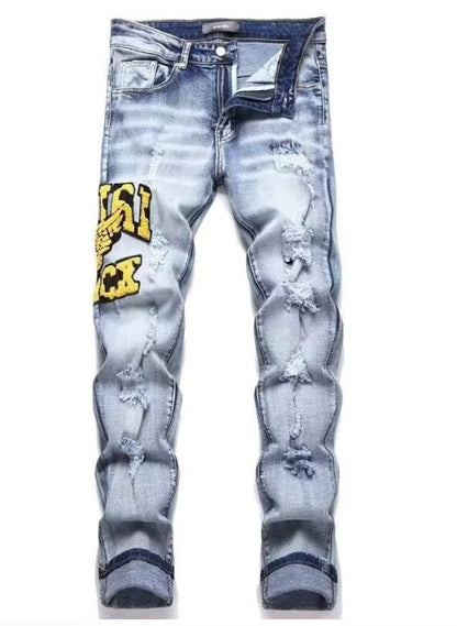 Men's Punk Retro Blue Ripped Slim Feet Jeans