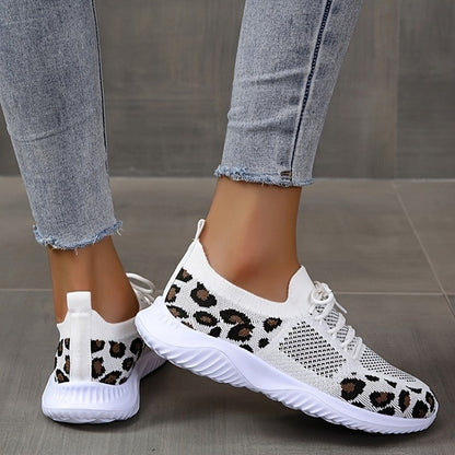 Nice White Shoes Women Leopard Print Lace-up Sneakers Sports