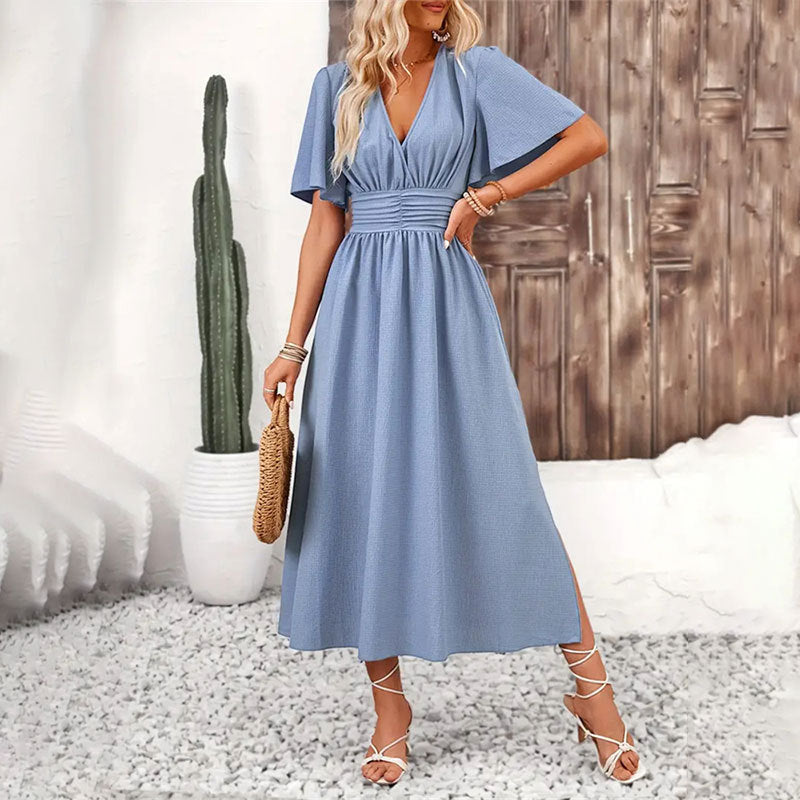 Elegant Women's Ruffle Sleeve Split Elastic Waist Polyester Dress