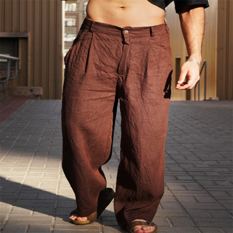 Men's Linen Pleated Wide-leg Pants