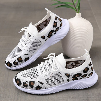 Nice White Shoes Women Leopard Print Lace-up Sneakers Sports