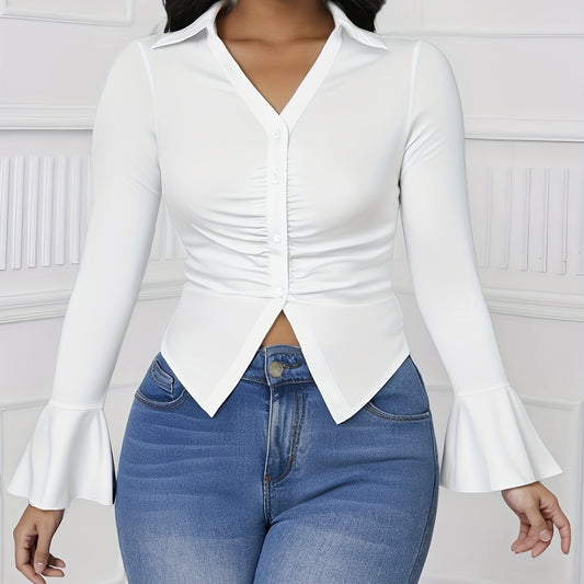 Ladies' Elegant Cinched Belly, Flared Sleeves, Back Strap Shirt