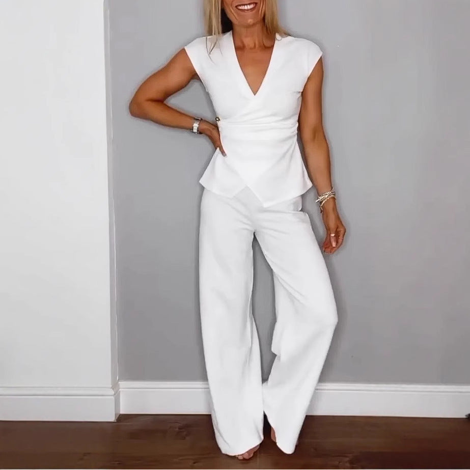 Women's V-neck Sleeveless Belt Buckle Two-piece Set