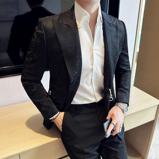 Men's Hook Placket Closure Collar Leather Texture Suit