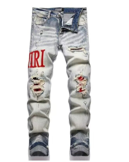 Men's Punk Retro Blue Ripped Slim Feet Jeans
