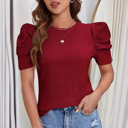 Puff Sleeve Solid Round Neck T-shirt
