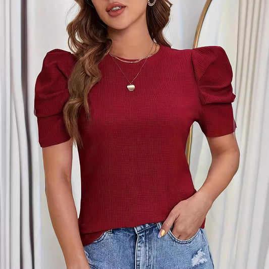 Puff Sleeve Solid Round Neck T-shirt
