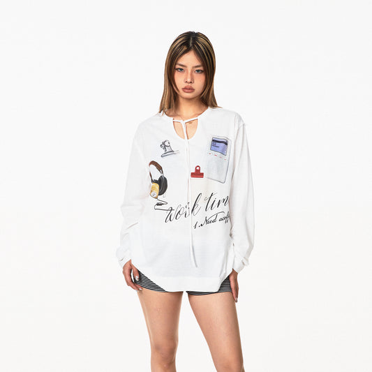 Lace Up V-neck Long-sleeved T-shirt