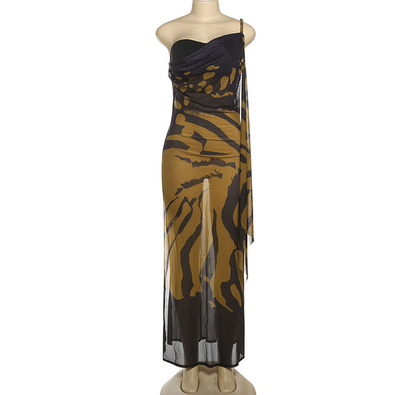 Elegant One Shoulder Mesh Slim Fit Slimming Dress
