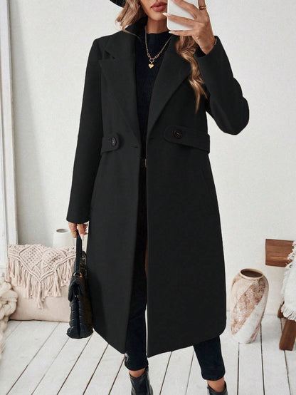 Flat Collar Pocket With Belt Long Coat Jacket