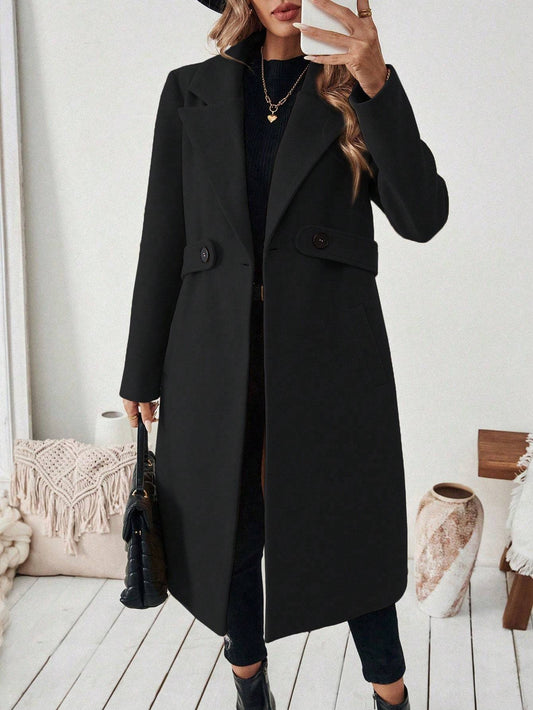 Flat Collar Pocket With Belt Long Coat Jacket
