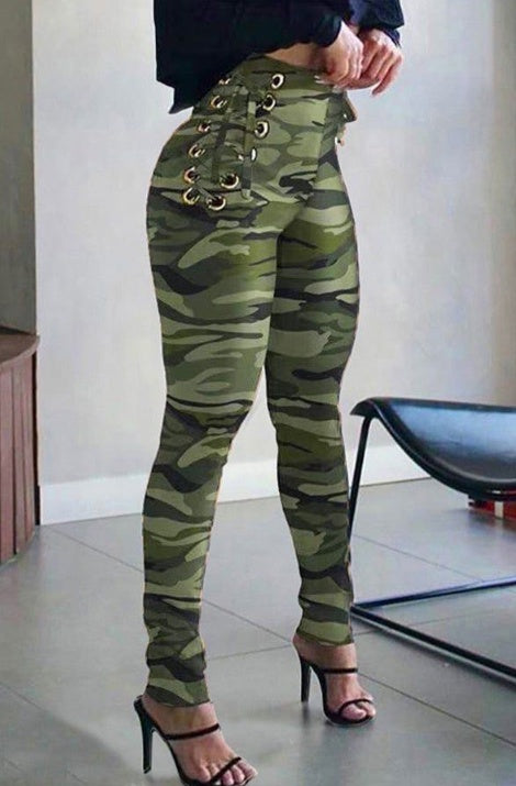 Ladies' Lace Up High Waisted Camouflage Pants