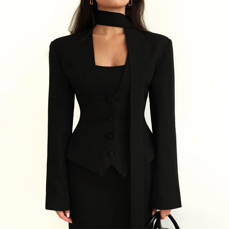 V-neck Scarf Decorate Long Sleeve Suit Coat