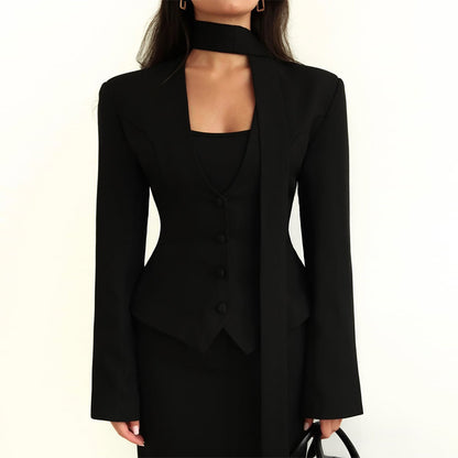 V-neck Scarf Decorate Long Sleeve Suit Coat