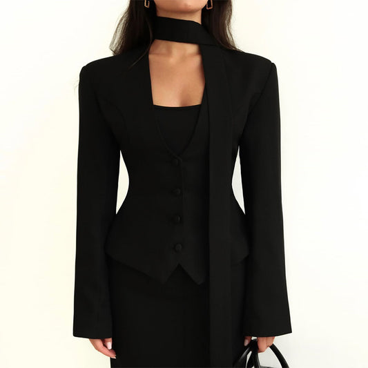 V-neck Scarf Decorate Long Sleeve Suit Coat
