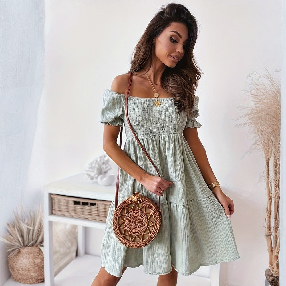 Wrinkle Puff Sleeve Mid Dresses