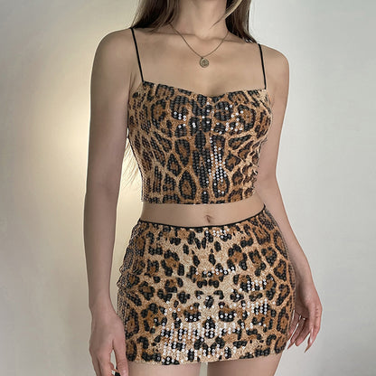 Ladie's Stretch Leopard Print Sequin Shiny Hip Skirt