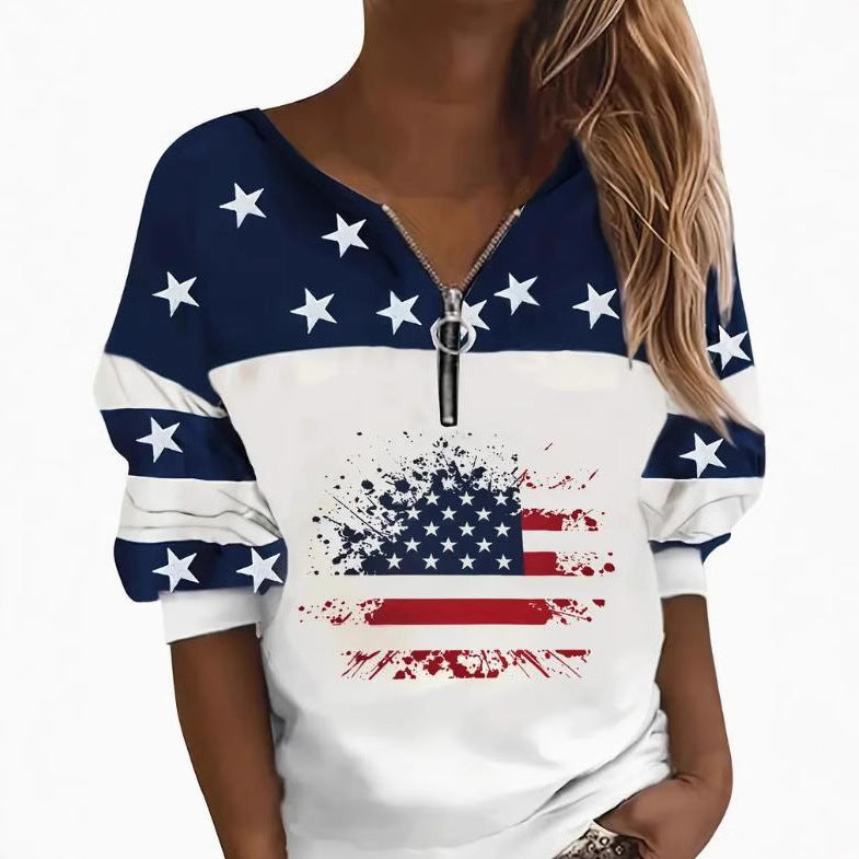 Trendy USA Flag Sweatshirt Half Zipper Sweater