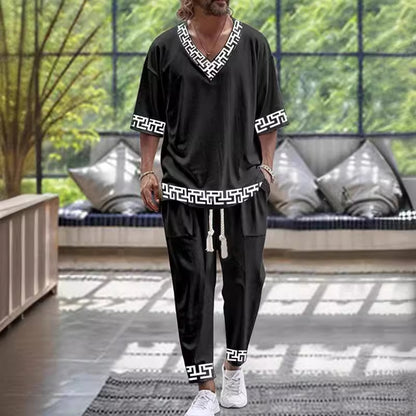 Beautiful Cropped Sleeves V-neck Trousers Suit