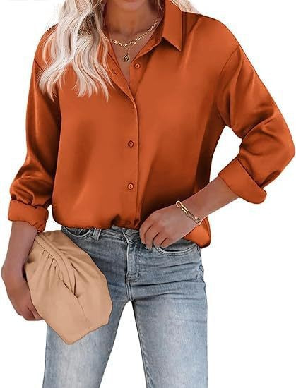 Women's Satin Top Long Sleeve Button Shirt