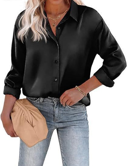 Women's Satin Top Long Sleeve Button Shirt
