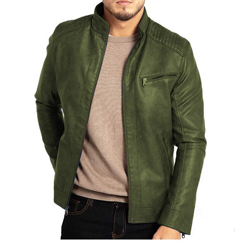 Men's Polyester Stand Collar Leather Jacket