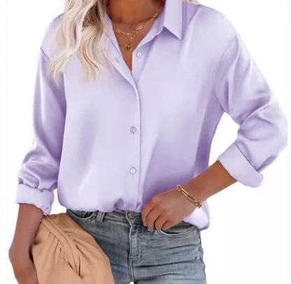 Women's Satin Top Long Sleeve Button Shirt