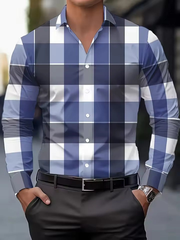 Men Shirt Long Sleeve Button Lapel