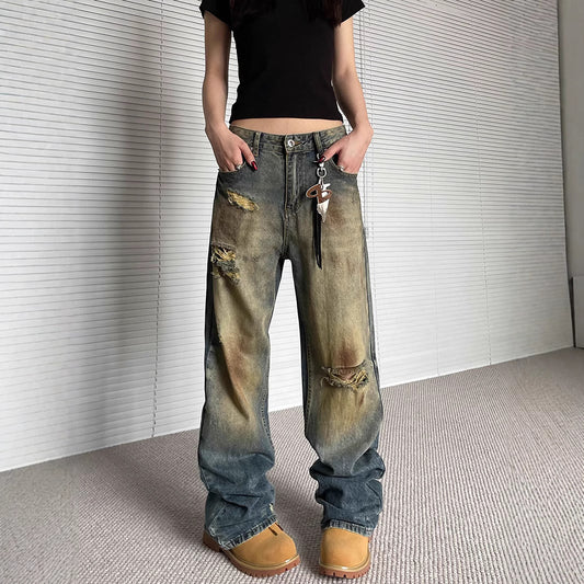 Old Ripped Jeans Loose Straight Wide Leg