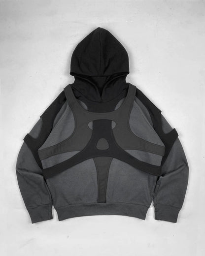 Women Stitching Black Zipper Hooded Sweatshirt