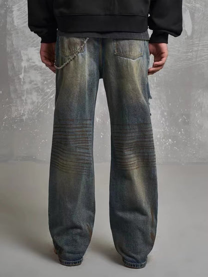 Men's Loose Straight Slim-fit Waste Soil Blue With Holes Jeans
