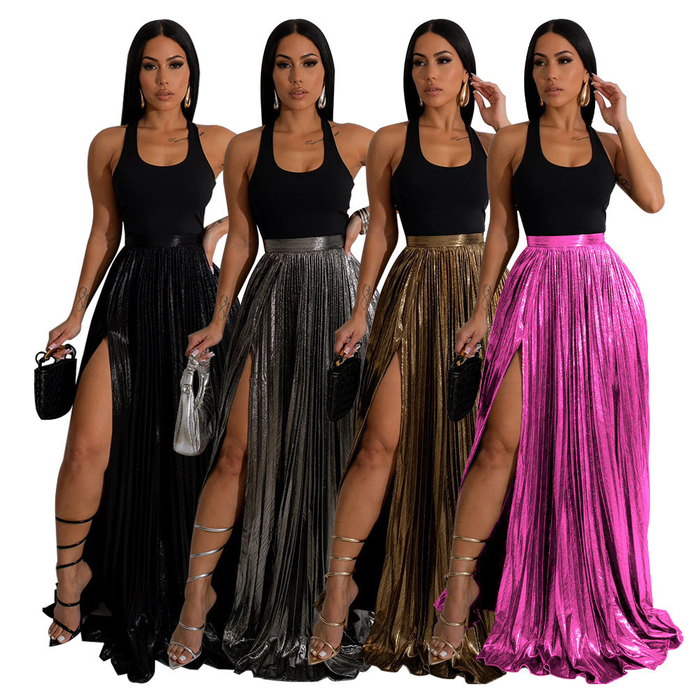 Fashionable Skirt High Waist Pleated Slit Dress