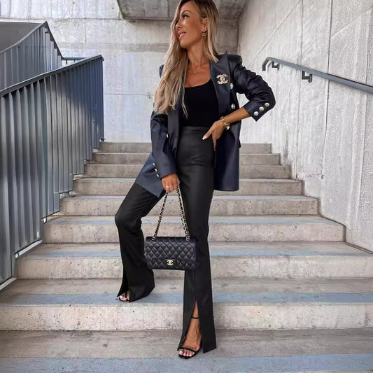 Elegant Slim Fit Slit Leather Pants