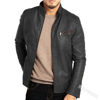 Men's Polyester Stand Collar Leather Jacket