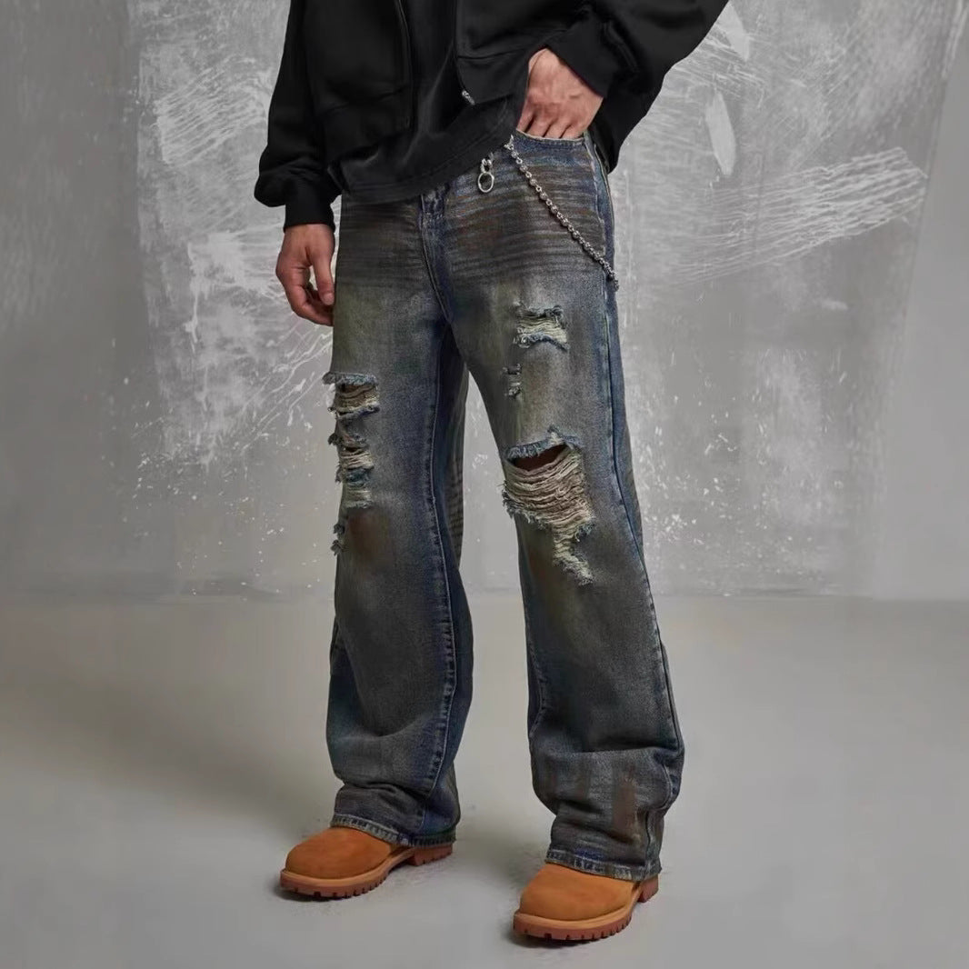 Men's Loose Straight Slim-fit Waste Soil Blue With Holes Jeans