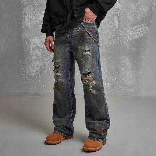Men's Loose Straight Slim-fit Waste Soil Blue With Holes Jeans