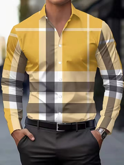 Men Shirt Long Sleeve Button Lapel