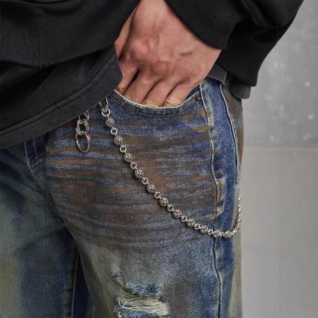 Men's Loose Straight Slim-fit Waste Soil Blue With Holes Jeans