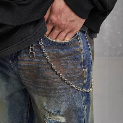 Men's Loose Straight Slim-fit Waste Soil Blue With Holes Jeans